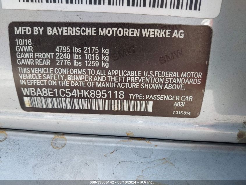 2017 BMW 330E Iperformance VIN: WBA8E1C54HK895118 Lot: 39606142