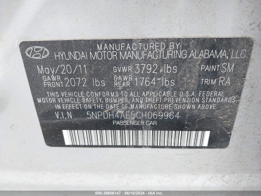 2012 Hyundai Elantra Gls VIN: 5NPDH4AE5CH069964 Lot: 39606147