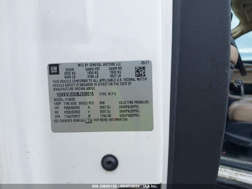 2011 Chevrolet Traverse Ltz VIN: 1GNKVLED0BJ398516 Lot: 39606158