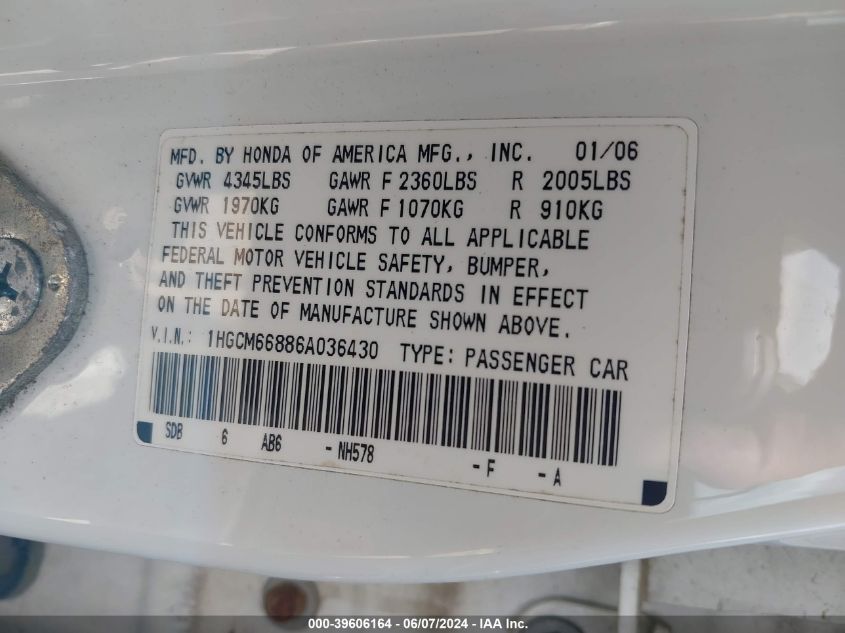 2006 Honda Accord 3.0 Ex VIN: 1HGCM66886A036430 Lot: 39606164