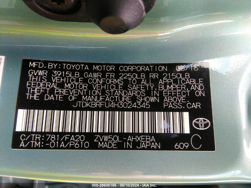 2017 Toyota Prius Two VIN: JTDKBRFU4H3024345 Lot: 39606166