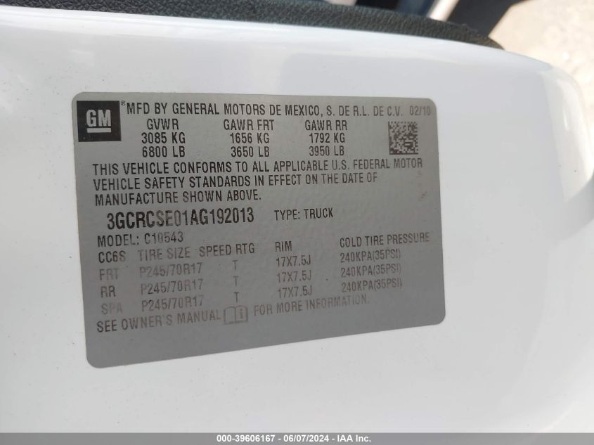 2010 Chevrolet Silverado 1500 Lt VIN: 3GCRCSE01AG192013 Lot: 39606167