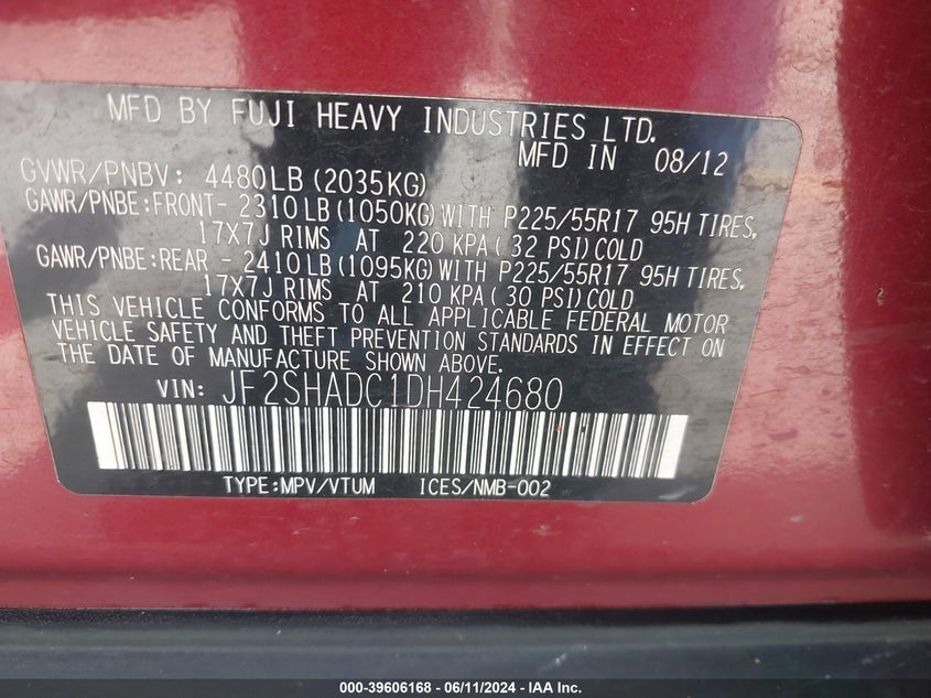 2013 Subaru Forester 2.5X Premium VIN: JF2SHADC1DH424680 Lot: 39606168