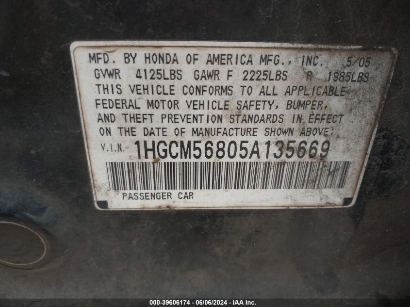 2005 Honda Accord 2.4 Ex VIN: 1HGCM56805A135669 Lot: 39606174