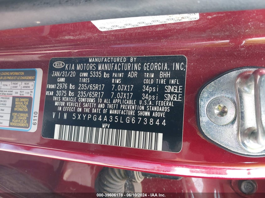 2020 Kia Sorento 2.4L Lx VIN: 5XYPG4A35LG673844 Lot: 39606178