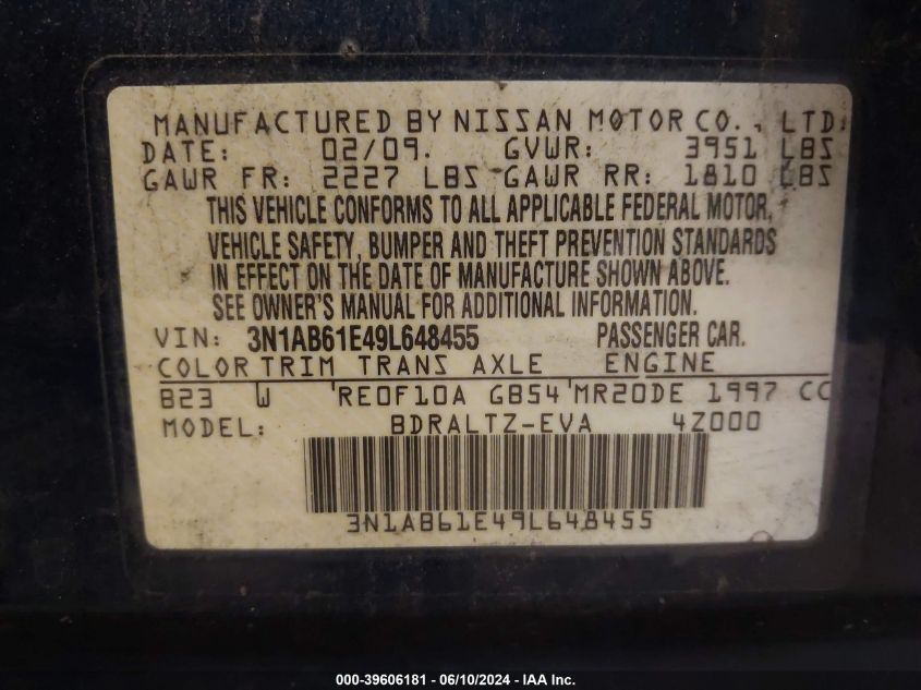 2009 Nissan Sentra 2.0S VIN: 3N1AB61E49L648455 Lot: 39606181