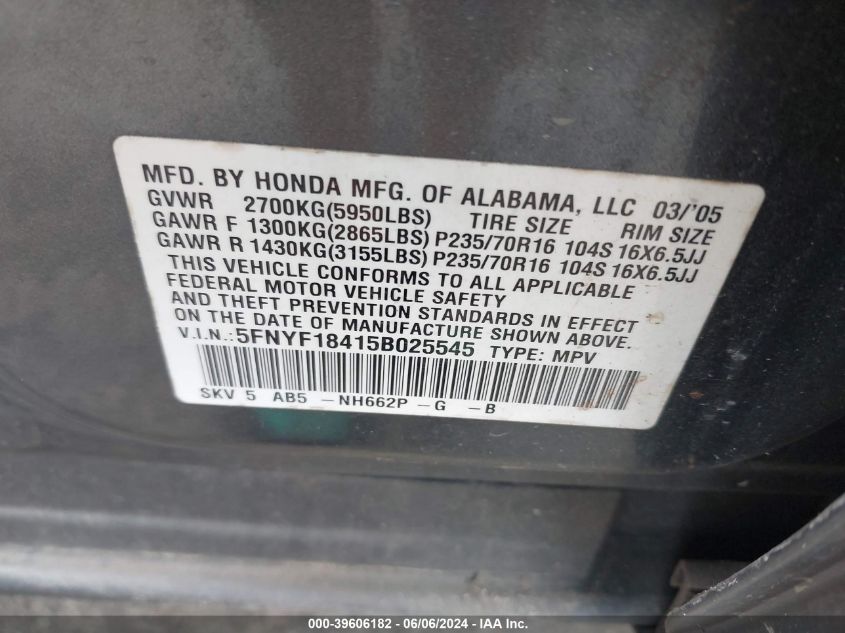 2005 Honda Pilot Ex VIN: 5FNYF18415B025545 Lot: 39606182