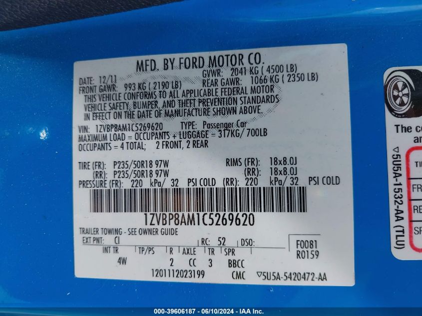 2012 Ford Mustang V6 Premium VIN: 1ZVBP8AM1C5269620 Lot: 39606187