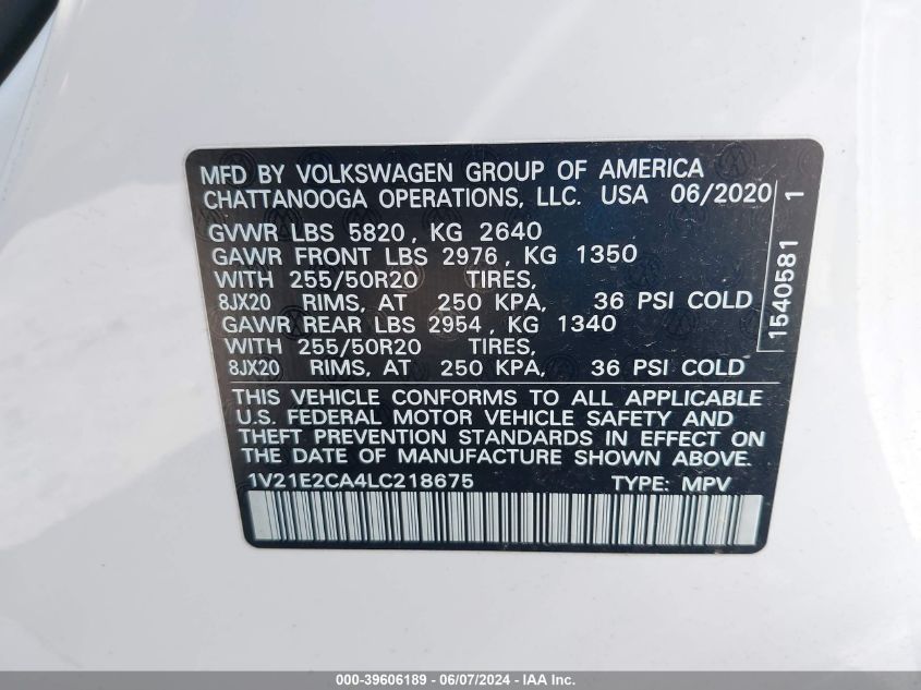 1V21E2CA4LC218675 2020 Volkswagen Atlas Cross Sport 3.6L V6 Se W/Technology/3.6L V6 Se W/Technology R-Line