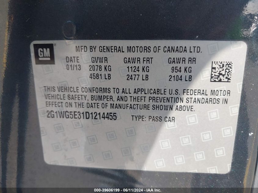 2013 Chevrolet Impala Lt VIN: 2G1WG5E31D1214455 Lot: 39606199