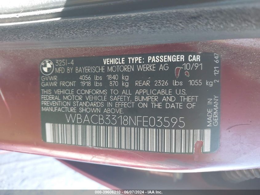 1992 BMW 325 I VIN: WBACB3318NFE03595 Lot: 39606210
