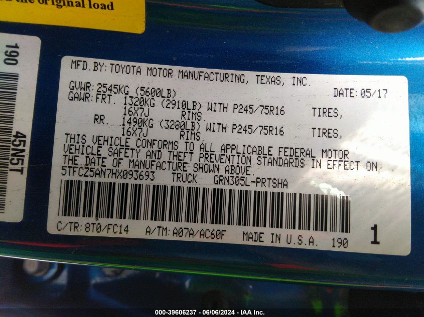 2017 Toyota Tacoma Sr5 V6 VIN: 5TFCZ5AN7HX093693 Lot: 39606237