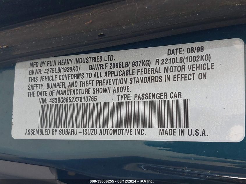 1999 Subaru Legacy 30Th Ann. Outback Ltd./Outback VIN: 4S3BG6852X7610765 Lot: 39606255