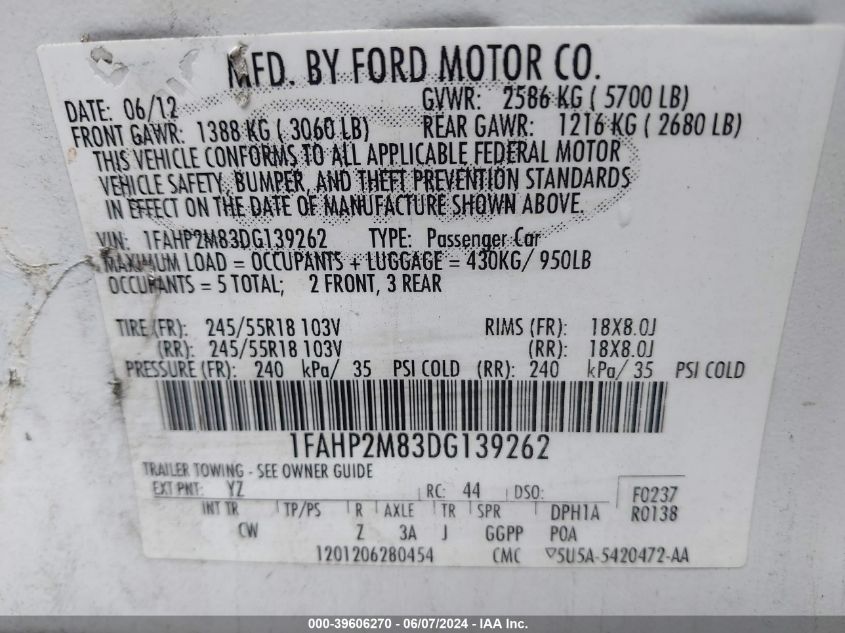 2013 Ford Police Interceptor VIN: 1FAHP2M83DG139262 Lot: 39606270