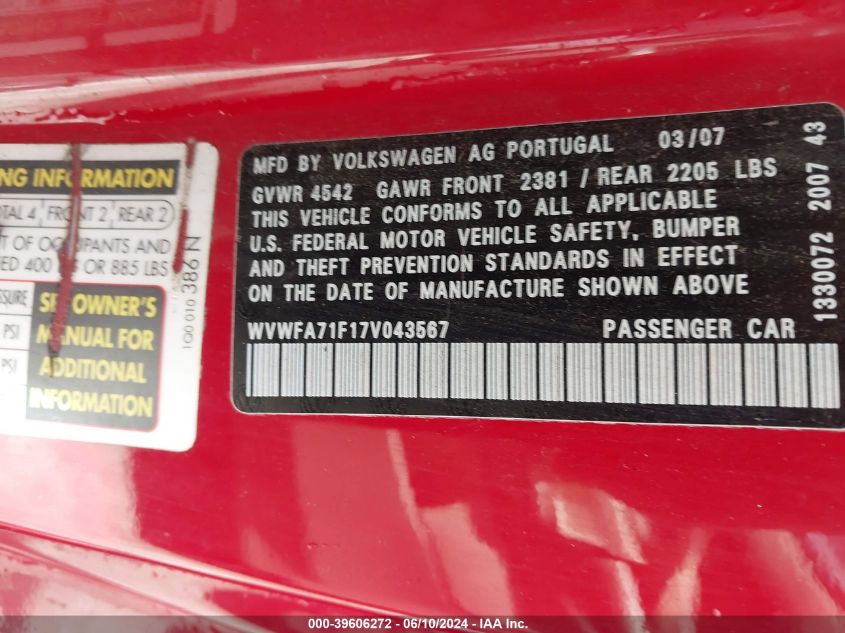 2007 Volkswagen Eos 2.0T VIN: WVWFA71F17V043567 Lot: 39606272