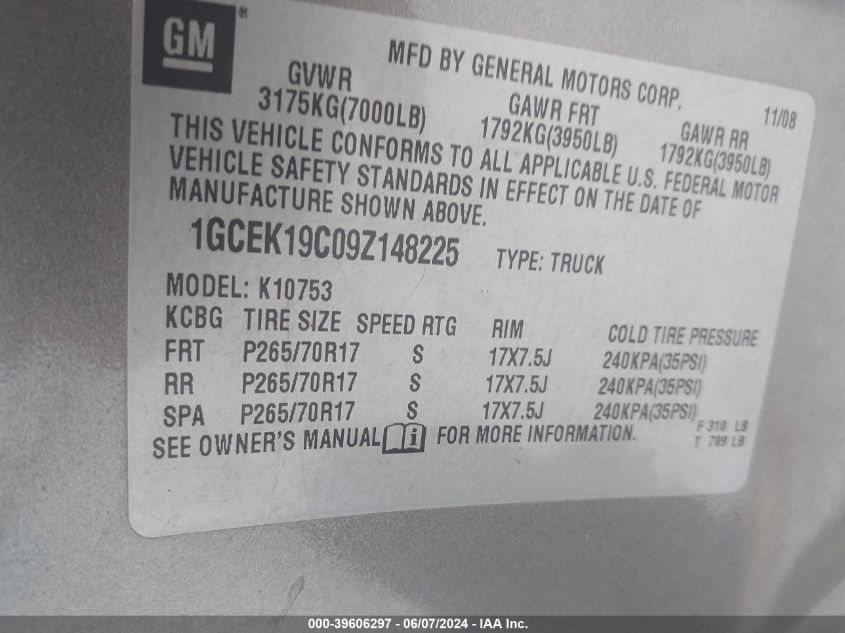 2009 Chevrolet Silverado 1500 Work Truck VIN: 1GCEK19C09Z148225 Lot: 39606297