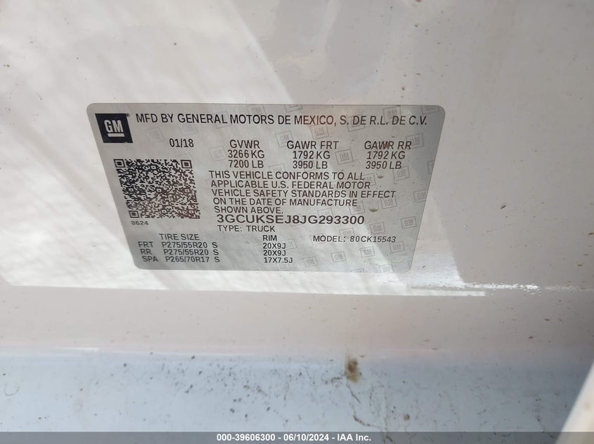 2018 Chevrolet Silverado 1500 1Lz VIN: 3GCUKSEJ8JG293300 Lot: 39606300