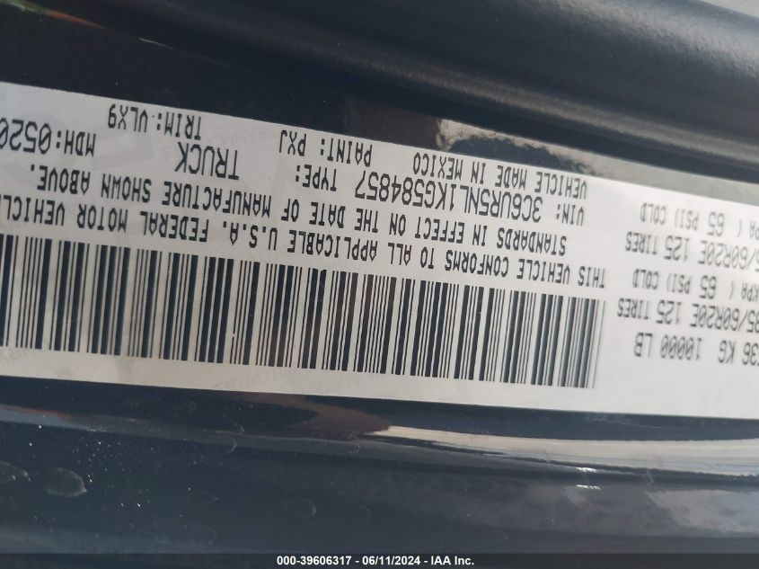 2019 Ram 2500 Laramie Mega Cab 4X4 6'4 Box VIN: 3C6UR5NL1KG584857 Lot: 39606317