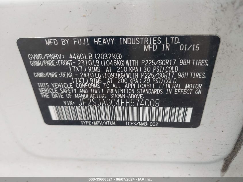 2015 Subaru Forester 2.5I Premium VIN: JF2SJAGC4FH574009 Lot: 39606321
