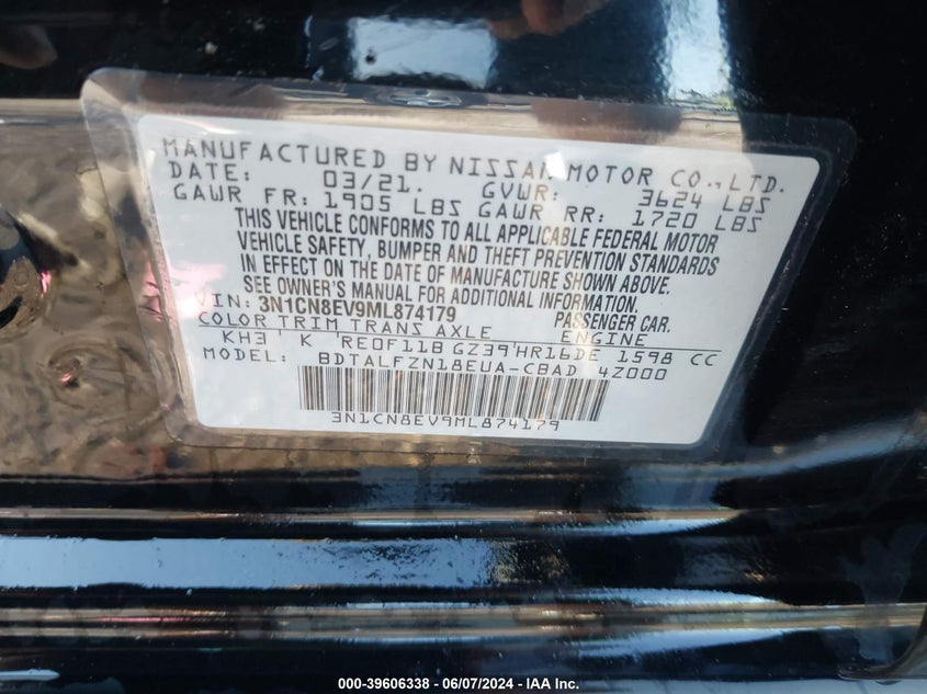 2021 Nissan Versa Sv Xtronic Cvt VIN: 3N1CN8EV9ML874179 Lot: 39606338