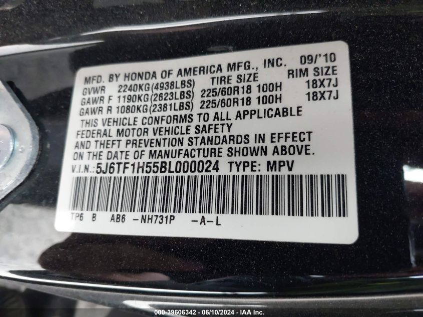 2011 Honda Accord Crosstour Ex-L VIN: 5J6TF1H55BL000024 Lot: 39606342