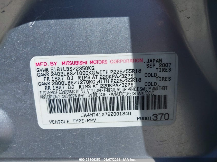 2008 Mitsubishi Outlander Xls VIN: JA4MT41X78Z001840 Lot: 39606353