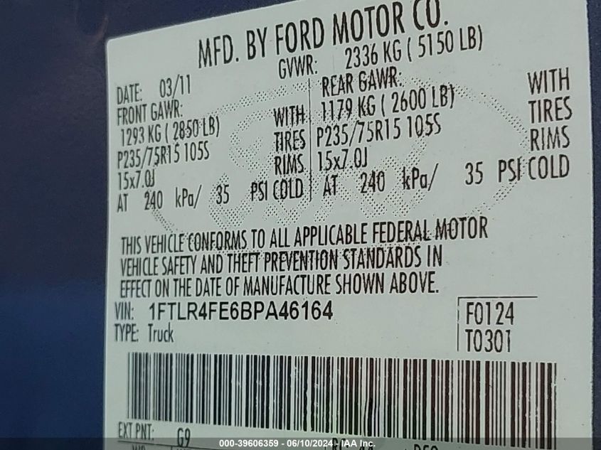 2011 Ford Ranger Xlt VIN: 1FTLR4FE6BPA46164 Lot: 39606359