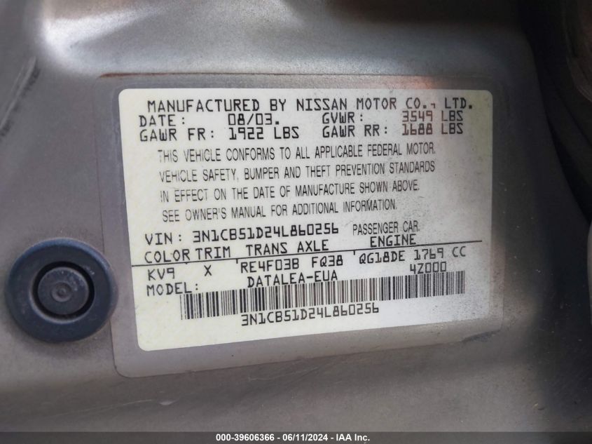 2004 Nissan Sentra 1.8S VIN: 3N1CB51D24L860256 Lot: 39606366