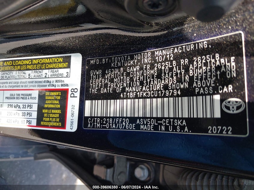 2012 Toyota Camry Se Limited Edition VIN: 4T1BF1FK3CU179794 Lot: 39606380