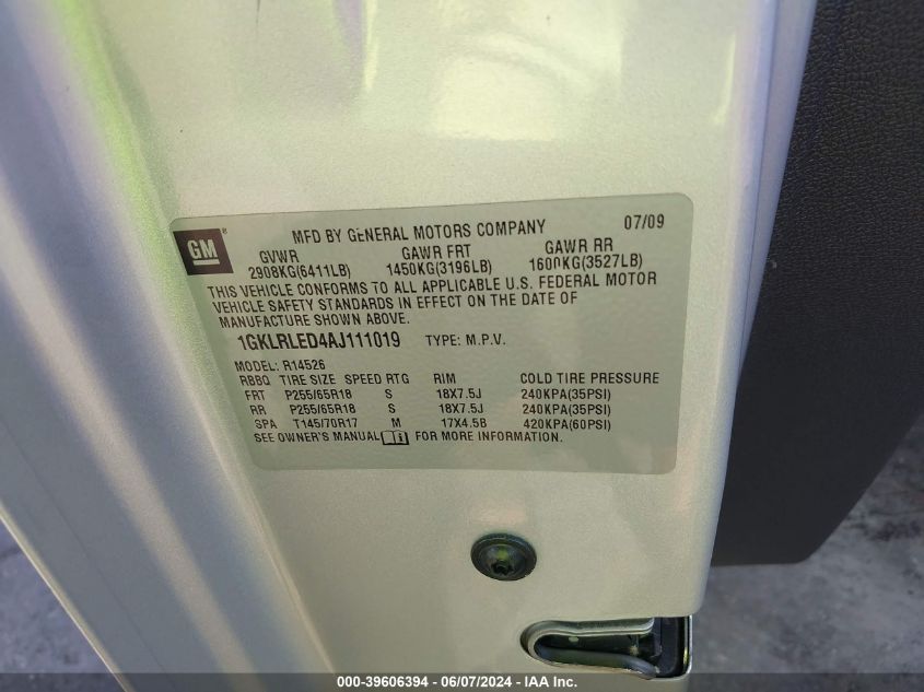 2010 GMC Acadia Sle VIN: 1GKLRLED4AJ111019 Lot: 39606394
