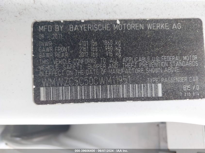 2012 Mini Cooper S Countryman VIN: WMWZC5C50CWM11951 Lot: 39606400