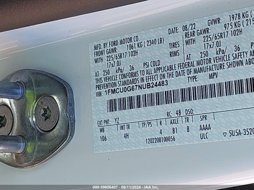 2022 Ford Escape Se VIN: 1FMCU0G67NUB24483 Lot: 39606407