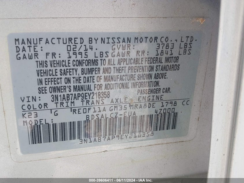 2014 Nissan Sentra S VIN: 3N1AB7AP9EY218358 Lot: 39606411