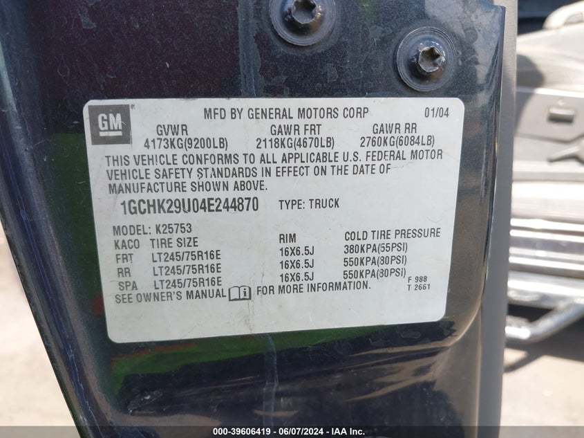 2004 Chevrolet Silverado 2500Hd Ls VIN: 1GCHK29U04E244870 Lot: 39606419
