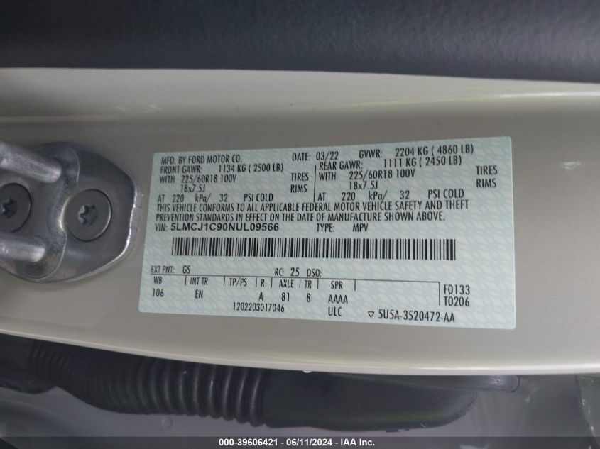 2022 Lincoln Corsair Standard VIN: 5LMCJ1C90NUL09566 Lot: 39606421