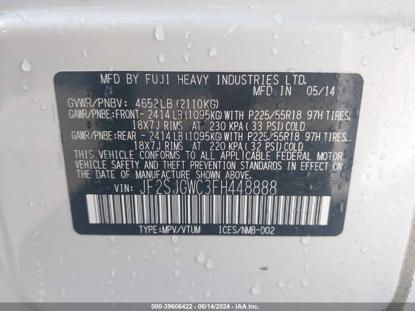 2015 Subaru Forester 2.0Xt Touring VIN: JF2SJGWC3FH448888 Lot: 39606422