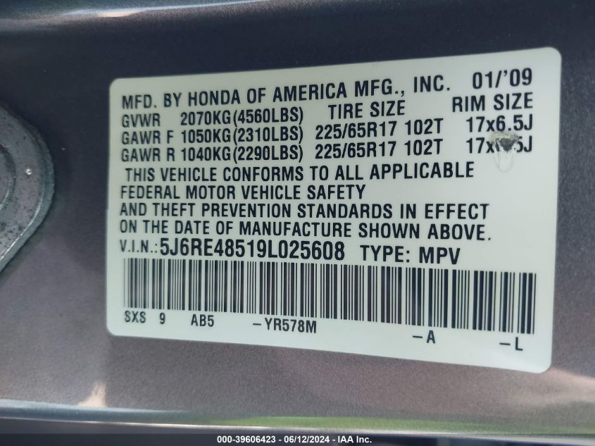 2009 Honda Cr-V Ex VIN: 5J6RE48519L025608 Lot: 39606423