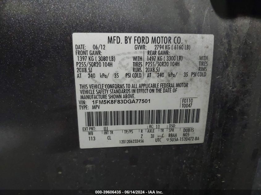 2013 Ford Explorer Limited VIN: 1FM5K8F83DGA77501 Lot: 39606435