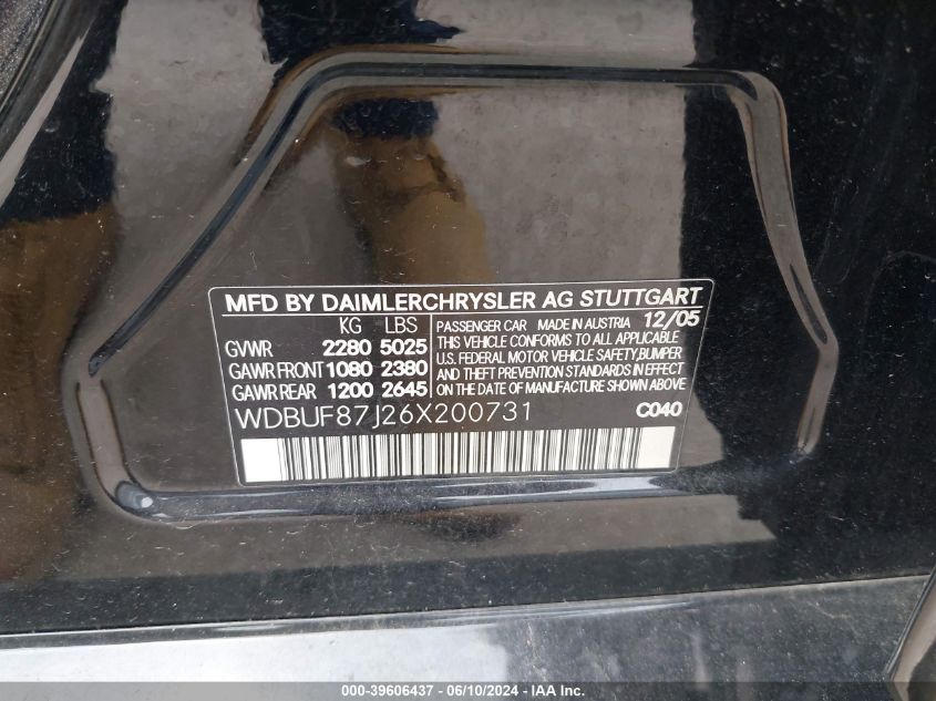 2006 Mercedes-Benz E 350 4Matic VIN: WDBUF87J26X200731 Lot: 39606437