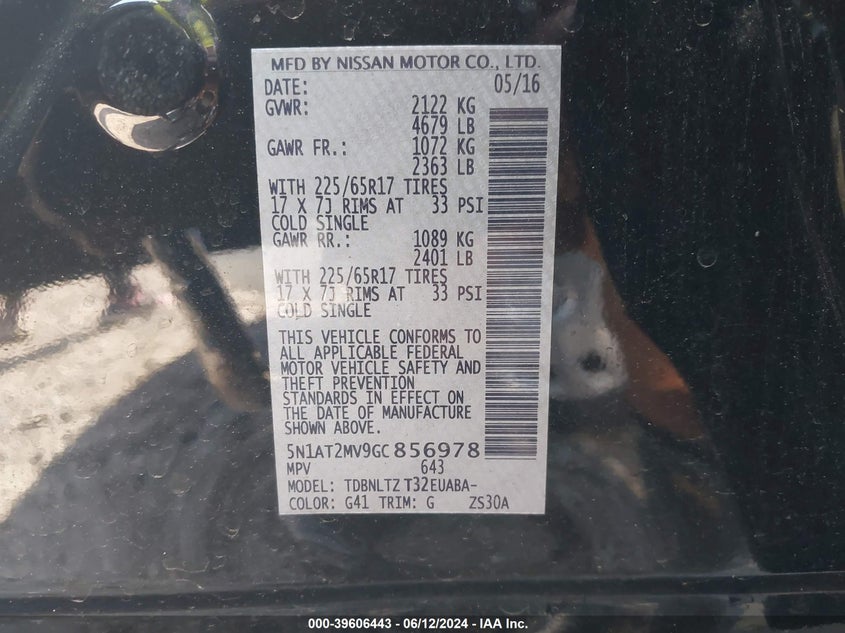 2016 Nissan Rogue Sv VIN: 5N1AT2MV9GC856978 Lot: 39606443