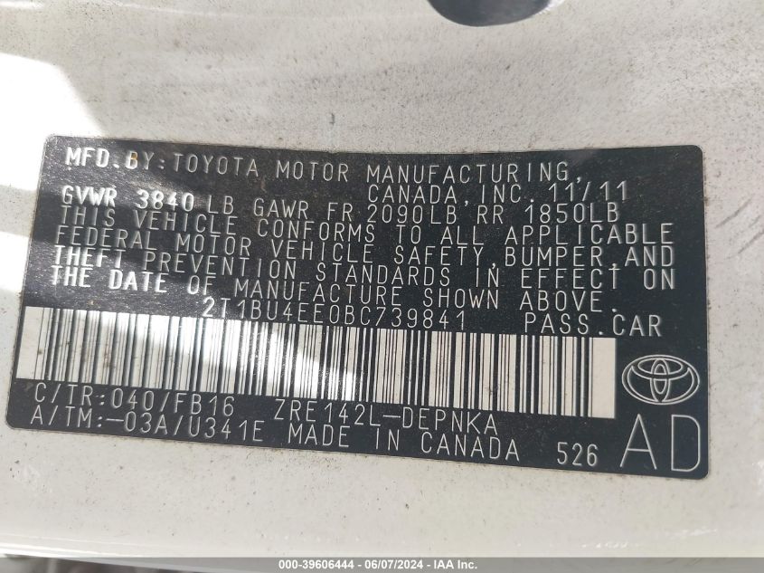 2011 Toyota Corolla Le VIN: 2T1BU4EE0BC739841 Lot: 39606444