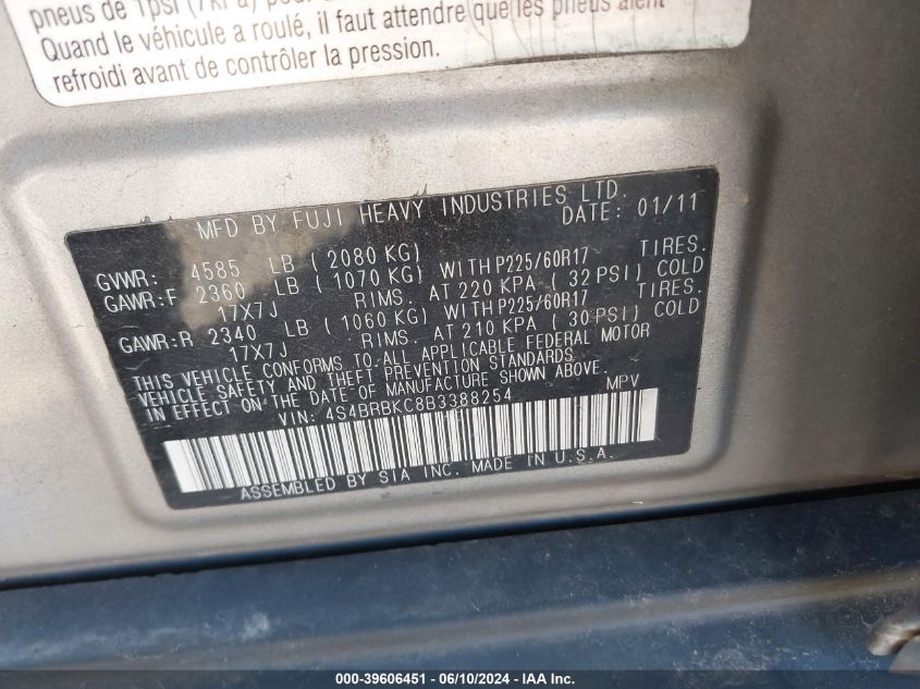 2011 Subaru Outback 2.5I Limited VIN: 4S4BRBKC8B3388254 Lot: 39606451