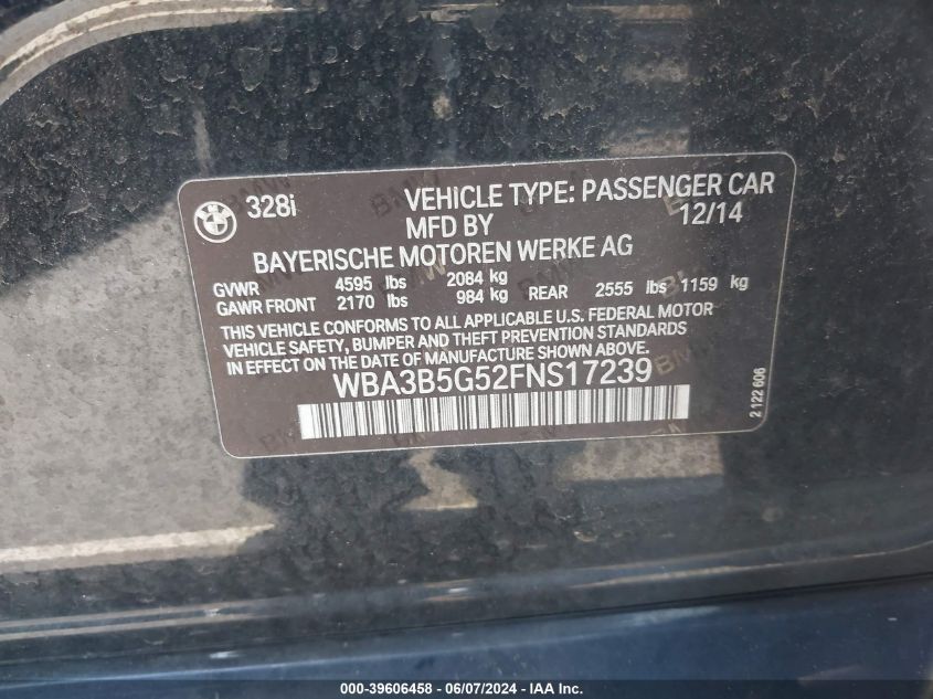 2015 BMW 328I xDrive VIN: WBA3B5G52FNS17239 Lot: 39606458