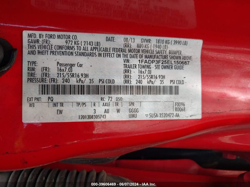 2014 Ford Focus Se VIN: 1FADP3F25EL150687 Lot: 39606469