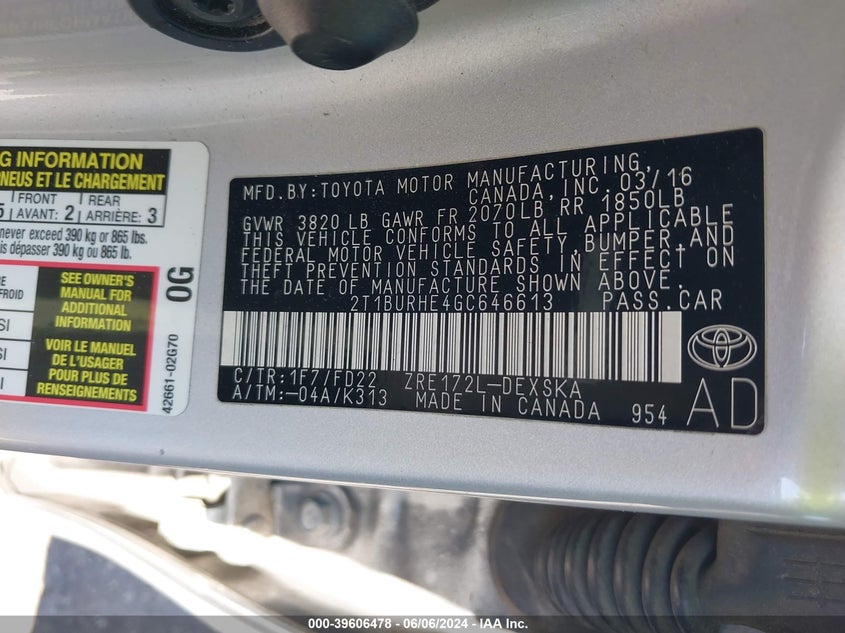 2016 Toyota Corolla S VIN: 2T1BURHE4GC646613 Lot: 39606478