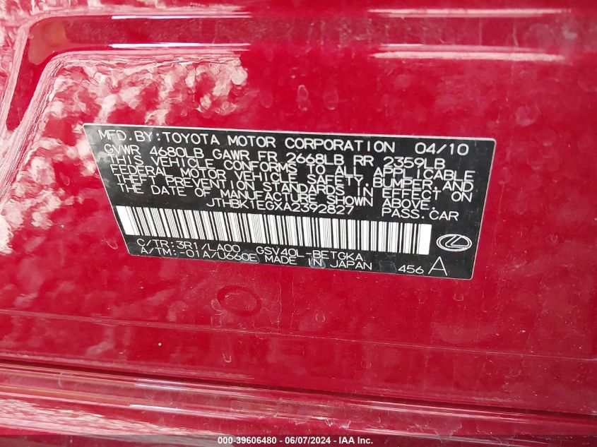 2010 Lexus Es 350 VIN: JTHBK1EGXA2392827 Lot: 39606480