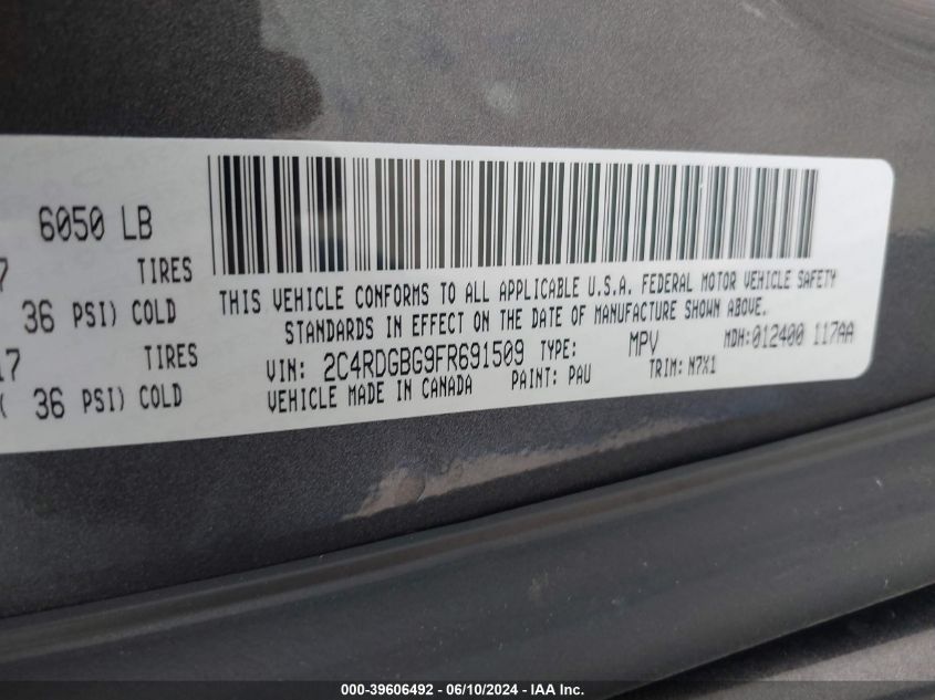 2015 Dodge Grand Caravan Se Plus VIN: 2C4RDGBG9FR691509 Lot: 39606492