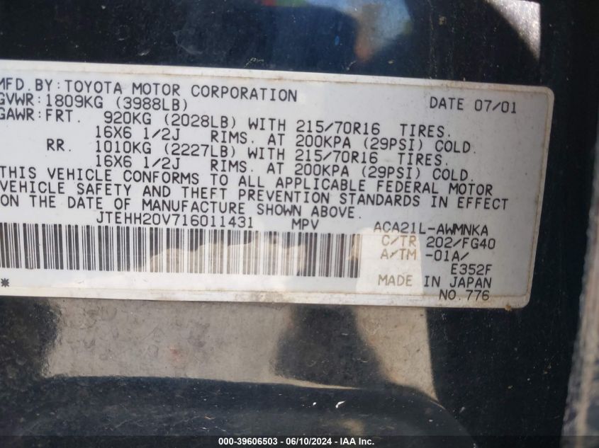 2001 Toyota Rav4 VIN: JTEHH20V716011431 Lot: 39606503