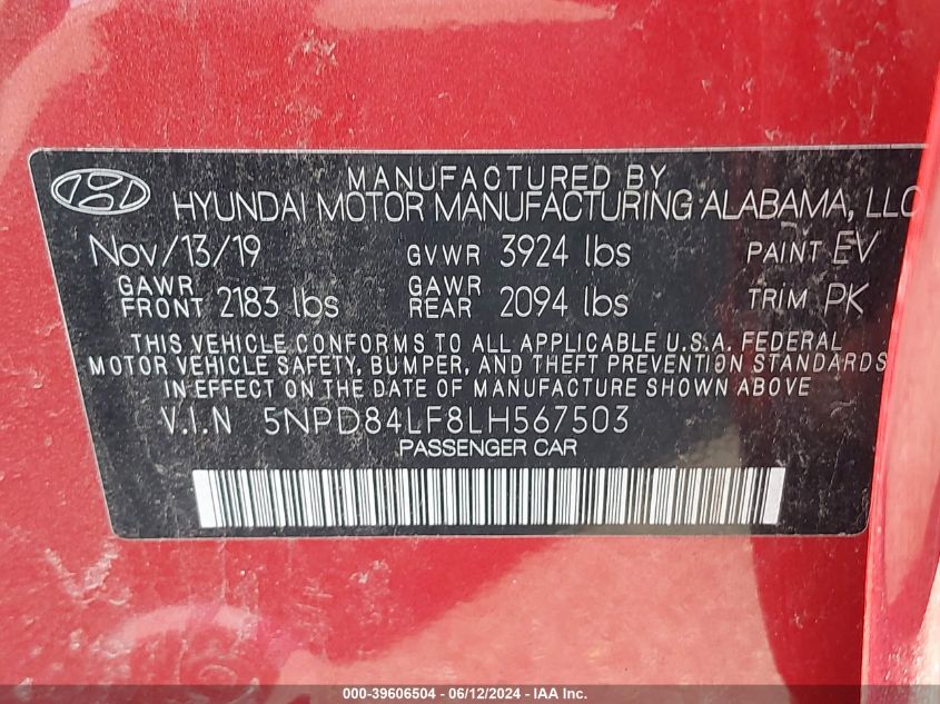 5NPD84LF8LH567503 2020 Hyundai Elantra Sel