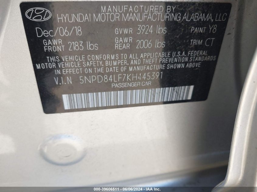 2019 Hyundai Elantra Value Edition VIN: 5NPD84LF7KH445391 Lot: 39606511